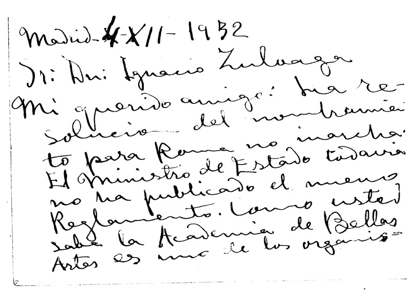 Carta de Valle-Inclán a I.Zuloaga, diciembre 1932